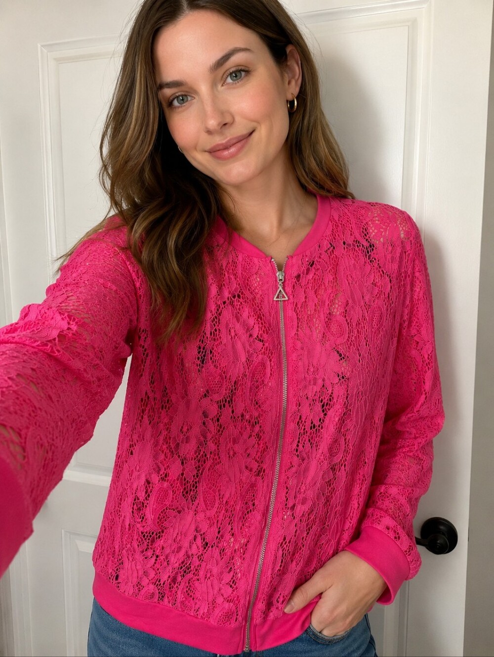 Rebel Raven Bright Fuschia Lace Zip-Front Lightweight Jacket
